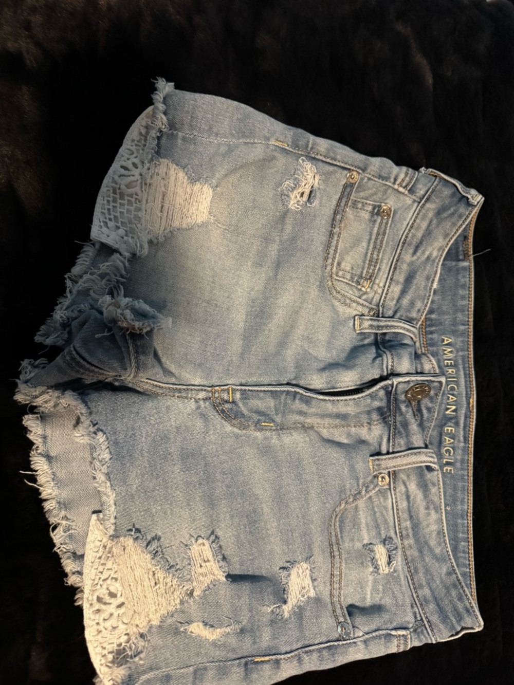 American Eagle Outfitters Light Wash Distressed Lace-Panel Denim Shorts